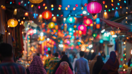Unidentified people walking in the night marketの素材