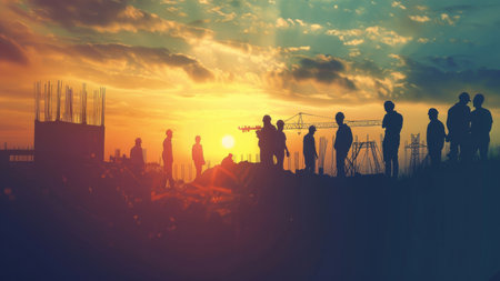 Silhouette of people at construction site at sunset. Concept of constructionの素材