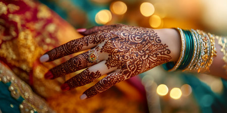 Close up of a hand with henna designs and bangles at a wedding celebration ceremony ritual traditionの素材