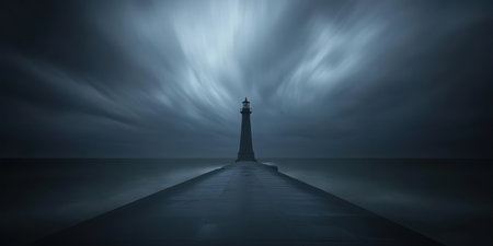 Lighthouse Dramatic Seascape Moody Atmosphere Dark Sky Ocean Pier Pathway art grey blue calm hopeの素材