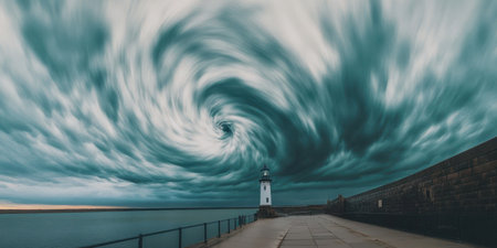 Lighthouse Dramatic Seascape Swirling Clouds Coastal Scene Stunning Teal Sky Ocean View Dramaticの素材