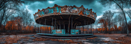 Abandoned Carousel Autumn Scene Dark Moody Fairytale Rusted Vintage Antique Park old sky ride blueの素材