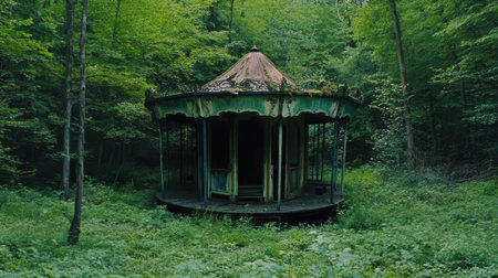 Overgrown Rustic Green Gazebo in Lush Forest Summer old dark path ruin calm mood trees woods decayの素材