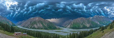 Dramatic Mountain Valley Landscape Stunning Cloudscape Majestic Peaks Serene River Valleyの素材