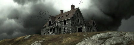 Abandoned House Stormy Sky Dark Dramatic Old Building Exterior gray hill mood wind aged eerie blackの素材