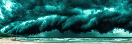 Dramatic Teal Storm Clouds over Ocean Beach Dramatic Seascape Coastal Scene sky dark blue sand windの素材