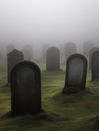 Mysterious Foggy Graveyard Ancient Tombstones Green Grass sad mist dark calm eerie death image peaceの素材