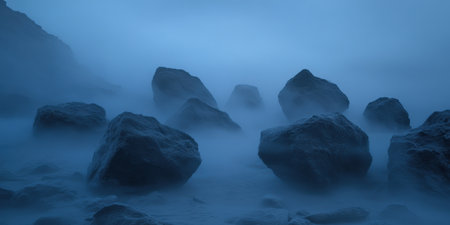Serene Blue Foggy Rockscape Coastal Scene Mystery Tranquil Nature Landscape Photography sea awe artの素材