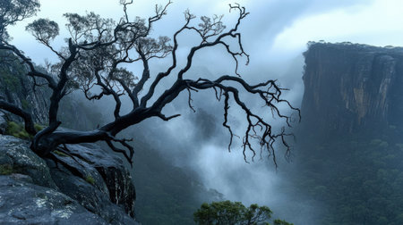 Majestic Mountain Landscape Dramatic Tree Foggy Valley Nature Photography Scenic View sky art rockの素材