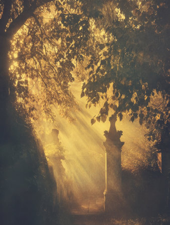 Golden Sunlight Rays Illuminate Ancient Stone Pillars Pathway Mystical Autumn Forest Morning Hazeの素材