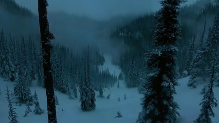 Majestic Winter Snow Covered Forest Dark Trees Landscape fir icy cold pine calm blue teal grey viewの素材