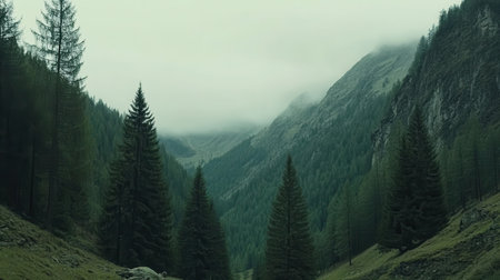 Misty Mountain Valley Green Pines Nature Landscape Serenity Scenery Majestic Peaks Tranquil Forestの素材