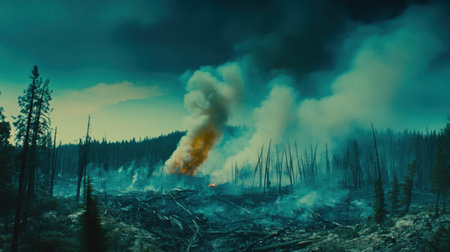 Dark Teal Forest Fire Dramatic Smoke Burning Trees Nature hot art heat view woods image photo damageの素材