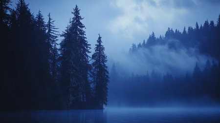 Serene Blue Mist Forest Lake Peaceful Nature Scene Tranquil Evening Landscape Breathtaking Viewの素材
