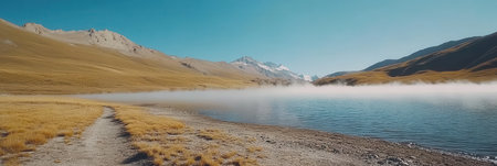 Serene Mountain Lake Mist Scenic Landscape Autumn Nature View Fog Sky Calm Blue Gold Path Wild Coldの素材