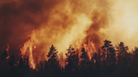 Fiery Forest Inferno Dramatic Wildfire Burning Trees Orange Sky Intense Blaze Nature Disasterの素材