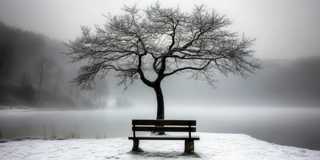 Serene Winter Landscape Snowy Bench Lonely Tree Foggy Lake Peaceful Nature Scene Tranquil Wintertimeの素材