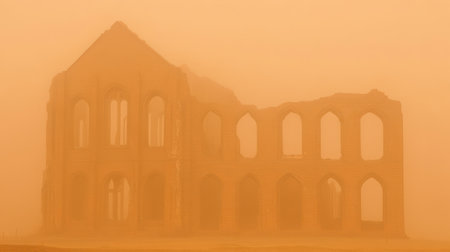 Ancient Brick Ruins Misty Orange Haze Dramatic Architecture Old Building fog art view stone wallsの素材