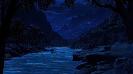 Serene Night River Landscape Dark Blue Mountains Tranquil Nature Scene Peaceful Nighttime Riverの素材