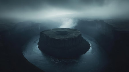 Mysterious Island Dark Foggy River Landscape Dramatic Nature Aerial View sky mist rock grey blueの素材