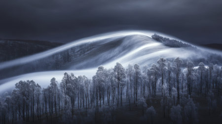 Winter Landscape Serene Snowy Hills Frosty Trees Cold Nature Peaceful Scenic View Beautiful Majesticの素材