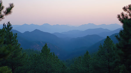 Serene Blue Mountain Range Landscape Peaceful Sunset View sky pine calm hill wild trees color imageの素材