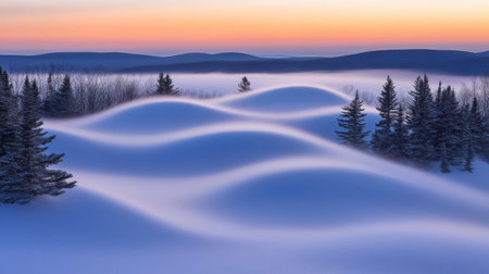 Serene Winter Landscape Soft Snow Dunes Peaceful Sunrise fog sky art cold calm blue pink view treesの素材