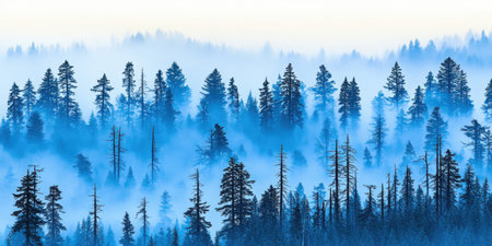 Misty Blue Forest Winter Landscape Scenic Nature Trees fog sky art web pine cold view calm cardの素材
