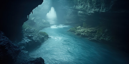 Serene Blue River Cave Mysterious Waterfall Nature Scene Photography Dark Deep Calm Wild Rocks Stoneの素材