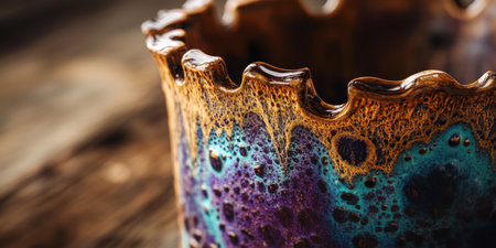 Unique Handcrafted Ceramic Pot Teal Purple Gold Art Home Dark Clay Decor Glaze Color Brown Shinyの素材