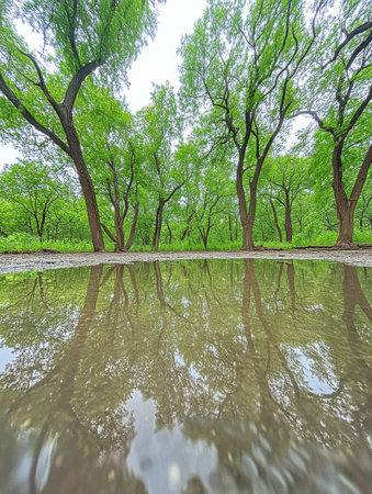 Tranquil Spring Forest Puddle Reflection Scene Nature sky day art calm lush park view trees greenの素材