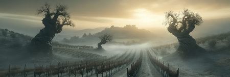 Majestic Ancient Trees Vineyard Sunrise Misty Landscape Hilltop Castle fog art old sky view farmの素材