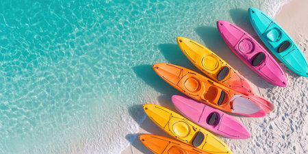 Colorful Kayaks on Sandy Beach Tropical Vacation Summer Fun sea sun sky top pink blue view downの素材
