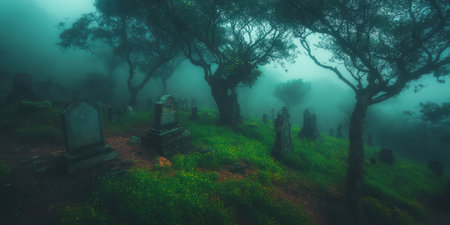 Mysterious Foggy Cemetery Ancient Tombstones Green Graveyard Spooky Atmosphere Dark Trees Mysticalの素材