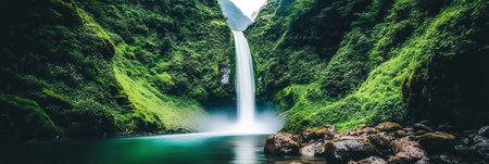 Serene Waterfall Lush Green Nature Scene Tranquil Paradise Beautiful Cascading Water Flowing Riverの素材