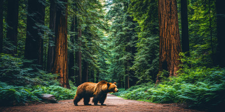 Grizzly Bear Majestic Redwood Forest Path Nature Wildlife park calm woods trees green brown photoの素材