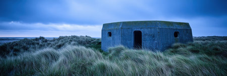 Coastal Concrete Bunker Seascape Dramatic Blue Sky Grass old day art sand dune wind calm view greyの素材