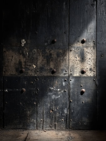 Dark Weathered Wooden Door Panel Texture Background Rustic Old Grunge aged wall worn iron grey blackの素材