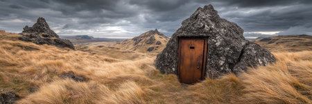 Secluded Rustic Door in Rock Mountain Dramatic Landscape Scenery sky wild view gray dark vast grassの素材