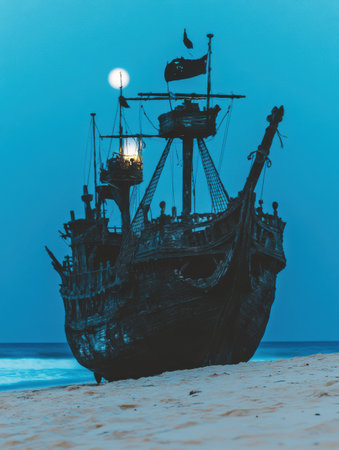 Ancient Shipwreck Beach Night Dramatic Ocean Moonlight Silhouette sea sky art old boat dark sandの素材