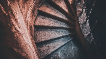 Ancient Stone Spiral Staircase Architecture Detail Old Building up dark grey down path wall ironの素材