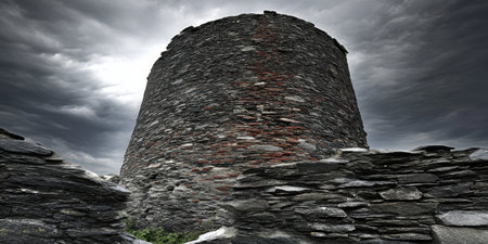Ancient Stone Tower Ruins Dramatic Sky Grey Brick Fortress old dark wall rock aged decay photo imageの素材