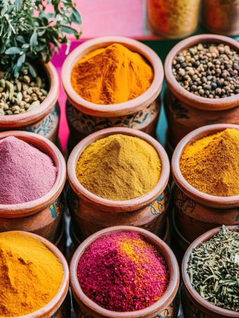 Vibrant Colorful Spices in Rustic Bowls Aromatic Indian Herbs food clay taste image style photoの素材