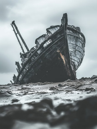 Ancient Wooden Shipwreck Beach Dramatic Grey Ocean Seascape old sky boat sand dark time aged decayの素材