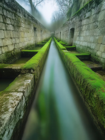 Serene Mossy Canal Stone Walls Ancient Architecture Green Water Nature Tranquil Scene Peacefulの素材