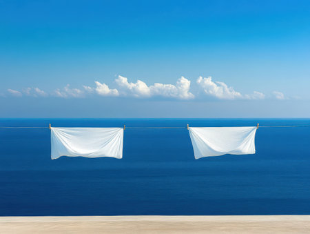 Serene Coastal Breeze White Sheets Drying Ocean View sea sky sun day calm blue pure wash clean freshの素材