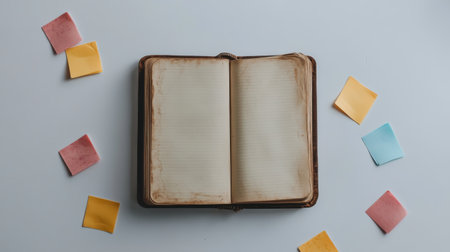 Vintage Notebook Open Pages Blank Sticky Notes Flatlay Design old top aged worn pink blue memo viewの素材