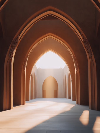 Serene Sunlight Illuminates Architectural Arcades of a Mosque Interiorの素材