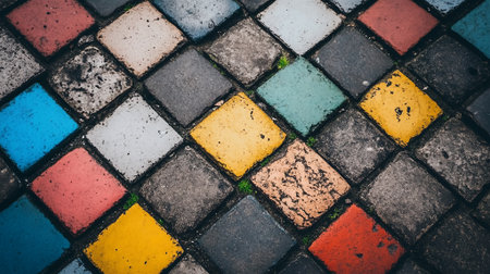 Colorful Diamond Pattern Pavement Multicolored Stone Tiles Urban Texture Backgroundの素材