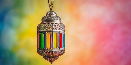 Colorful Moroccan Lantern Hanging Against Vibrant Rainbow Background Festive Decorationの素材